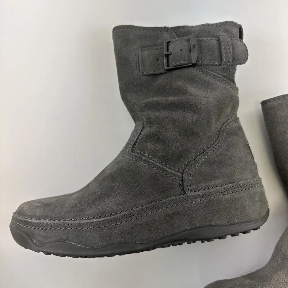 FitFlop Superboot Short Smoke Gray Suede Pull On Buckle Comfort Toning Womens 7